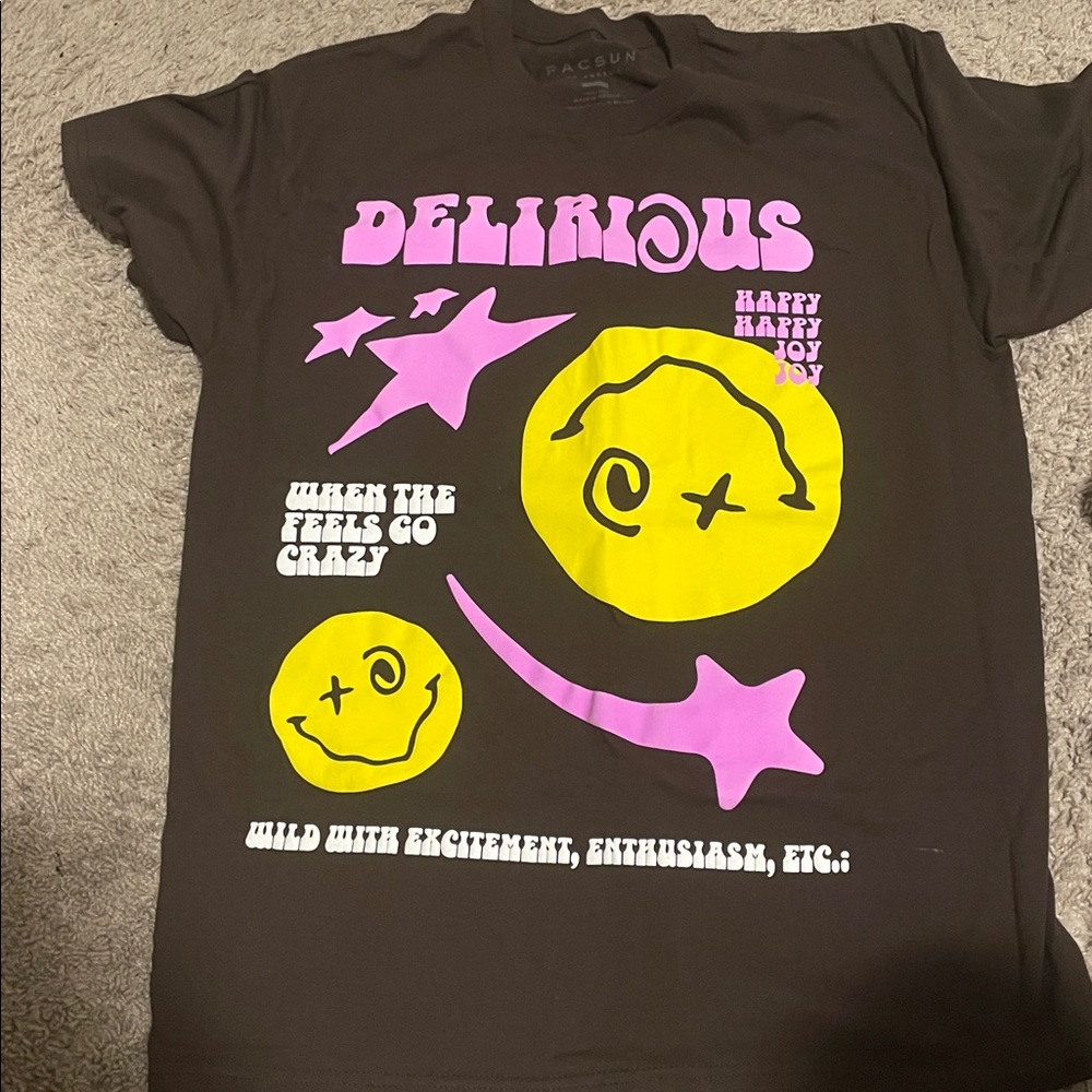 PacSun Black Tee with Pink and Yellow Graphics